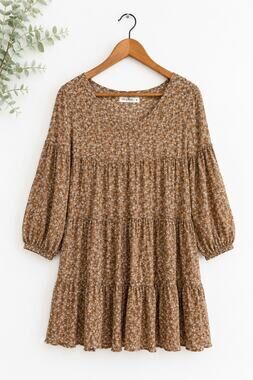 Natural Life Cottagecore Floral Tiered Dress Size M Prairie Boho Peasant Brown